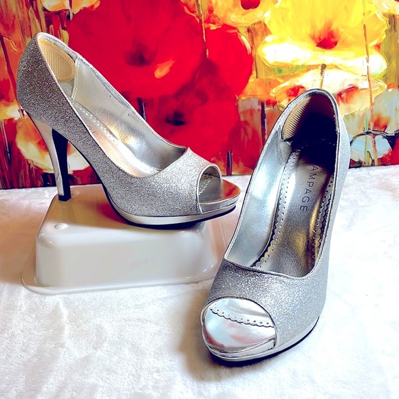 Rampage silver glitter peep toe platform heels size 9 - Picture 1 of 5